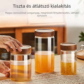 Üvegből készült tárolóedény fedővel, élelmiszer-minőség, otthoni használatra, ideális lekvárhoz, mézhez és madárfészek tárolásához, akácfa fedél.
