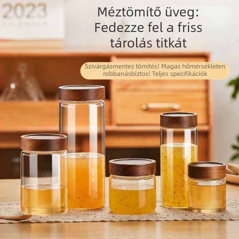 Üvegből készült tárolóedény fedővel, élelmiszer-minőség, otthoni használatra, ideális lekvárhoz, mézhez és madárfészek tárolásához, akácfa fedél.