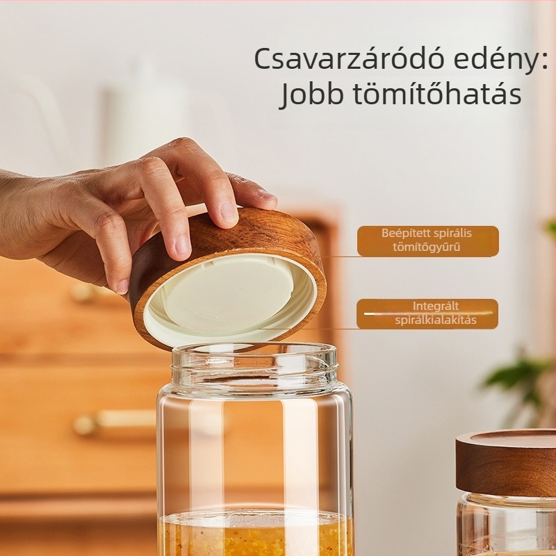 Üvegből készült tárolóedény fedővel, élelmiszer-minőség, otthoni használatra, ideális lekvárhoz, mézhez és madárfészek tárolásához, akácfa fedél.