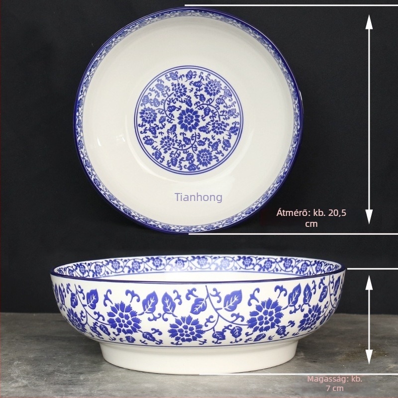 Kék-fehér porcelán leveses és tésztás tál, nagy kerámia tál halételekhez