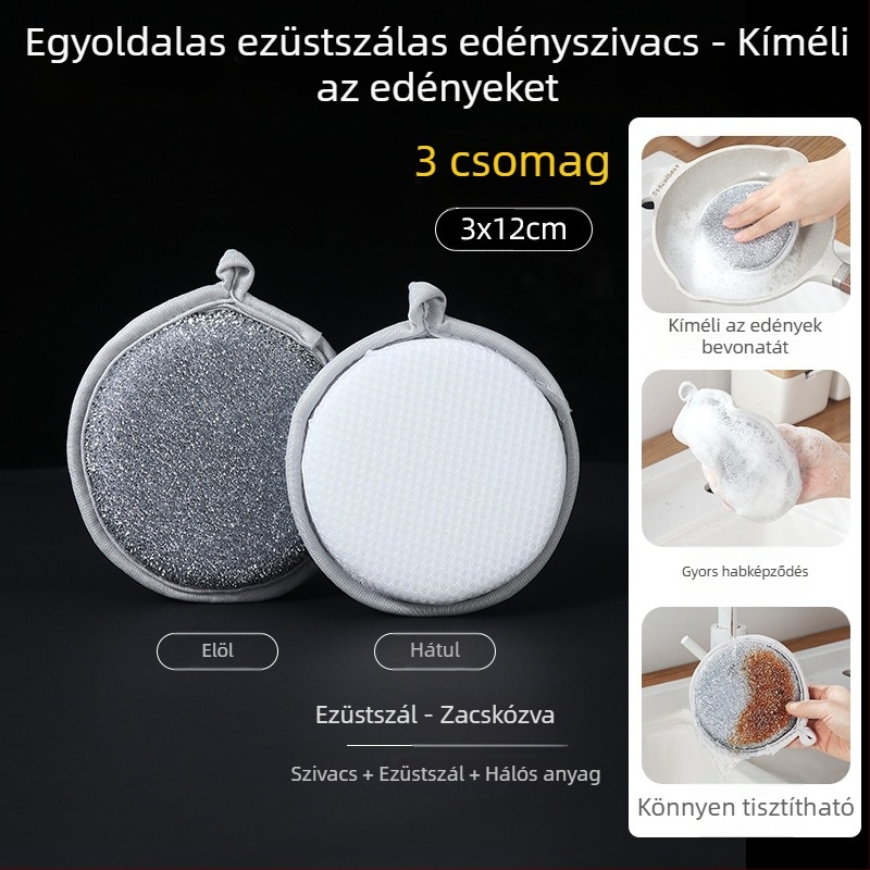 Kétrétegű mosogatókendő ezüst szálakkal, zsíroldó konyhai szivacs és acélhuzalos kefével – edények tisztítására szolgáló eszköz