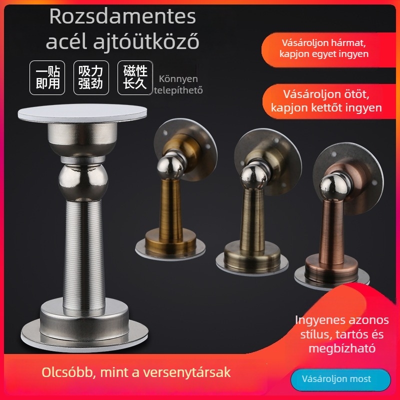 Mágneses ajtóstop falra szerelve, fúrás nélkül, rozsdamentes acél, fekete, csendes, ütközésvédő