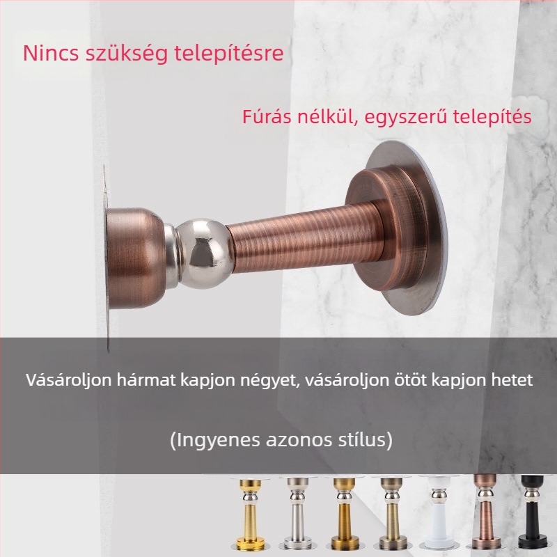 Mágneses ajtóstop falra szerelve, fúrás nélkül, rozsdamentes acél, fekete, csendes, ütközésvédő