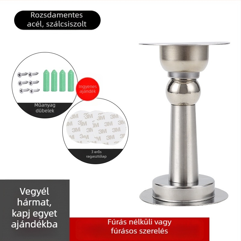 Mágneses ajtóstop falra szerelve, fúrás nélkül, rozsdamentes acél, fekete, csendes, ütközésvédő