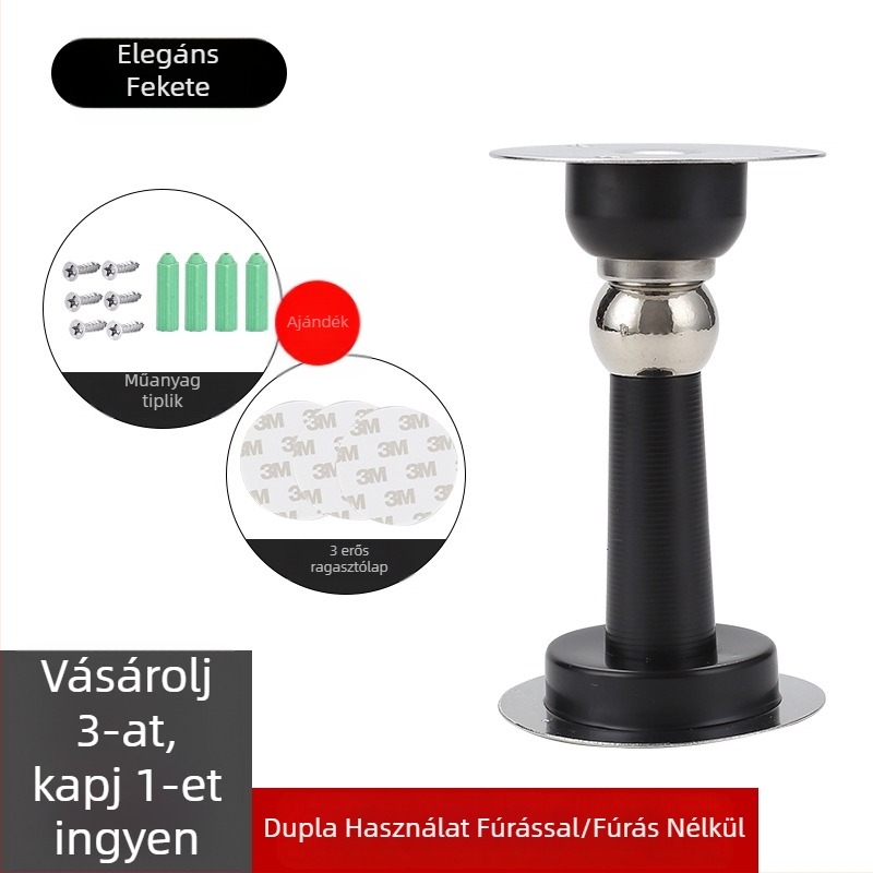 Mágneses ajtóstop falra szerelve, fúrás nélkül, rozsdamentes acél, fekete, csendes, ütközésvédő