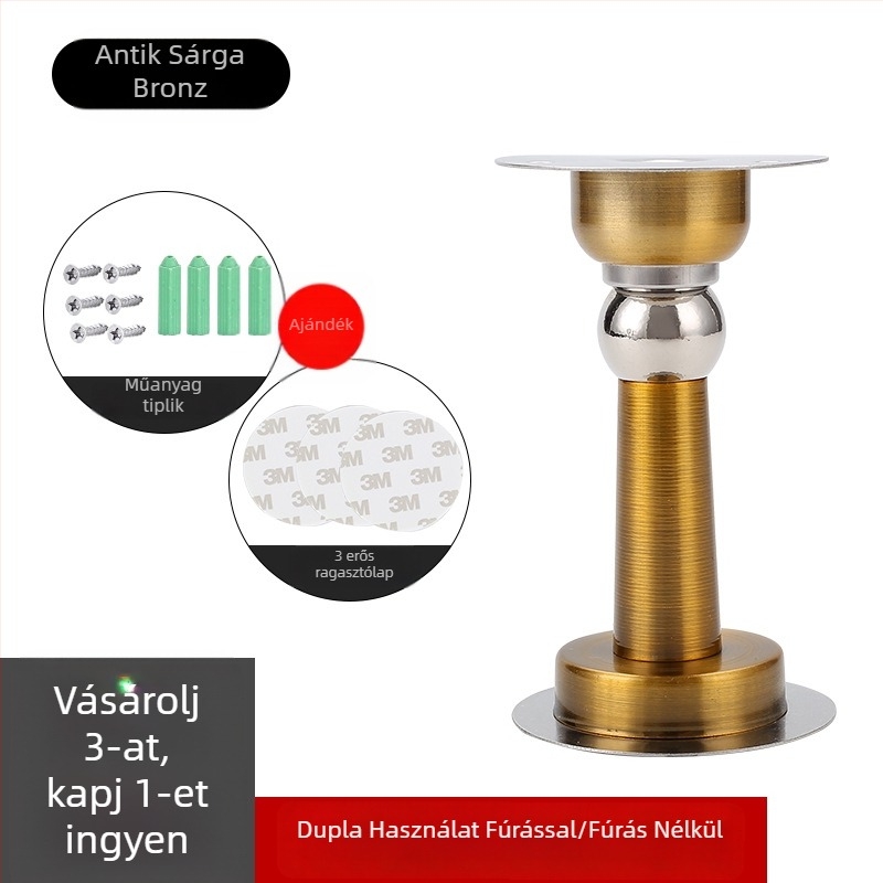 Mágneses ajtóstop falra szerelve, fúrás nélkül, rozsdamentes acél, fekete, csendes, ütközésvédő