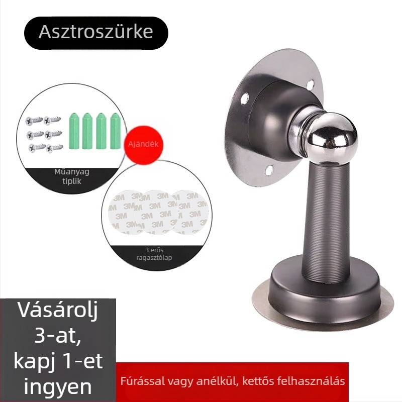 Mágneses ajtóstop falra szerelve, fúrás nélkül, rozsdamentes acél, fekete, csendes, ütközésvédő