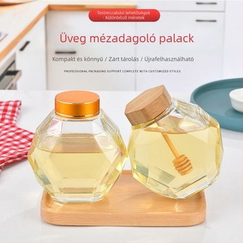 Hexagonális üvegből készült méztároló zárható fa fedéllel és keverőpálcával