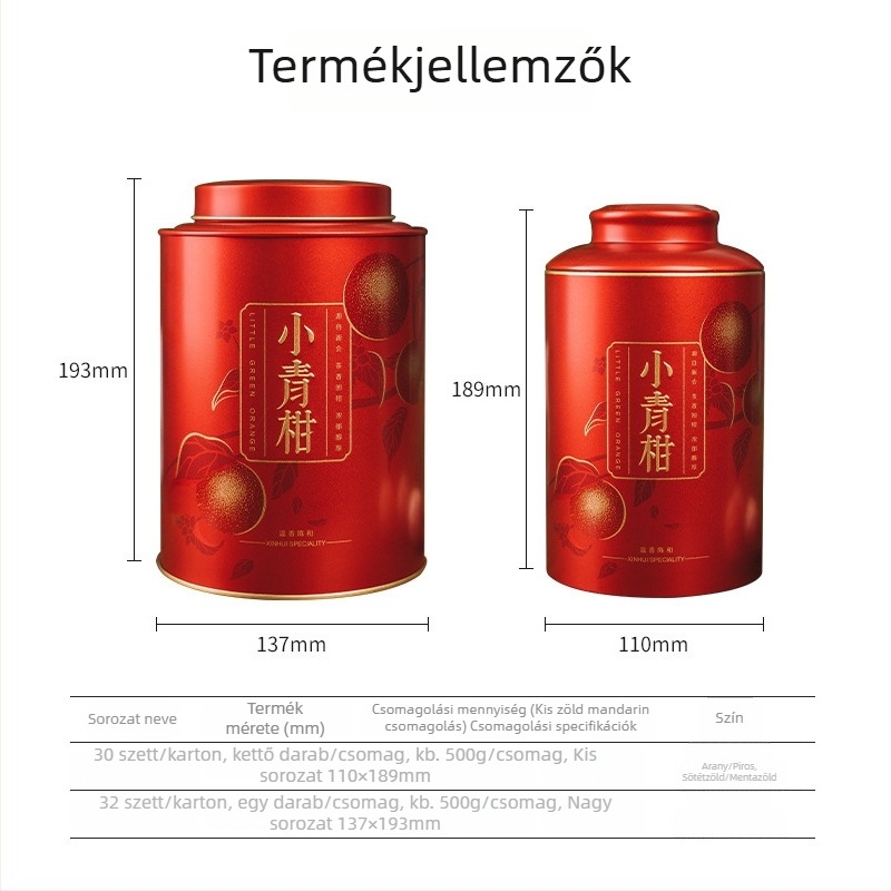 Kis zöld mandarinos Pu'er teás fémdoboz, üres zárt doboz, 500 g kapacitás