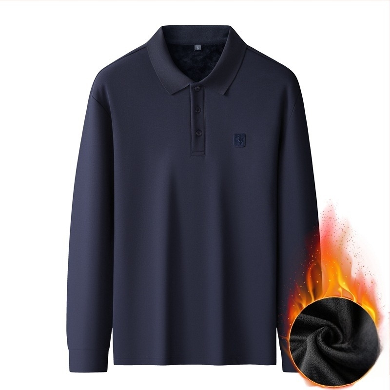 Férfi plusz méretű őszi 2025 lazán szabott galléros felső fleece-béléssel, hosszú ujjú, üzleti casual stílus
