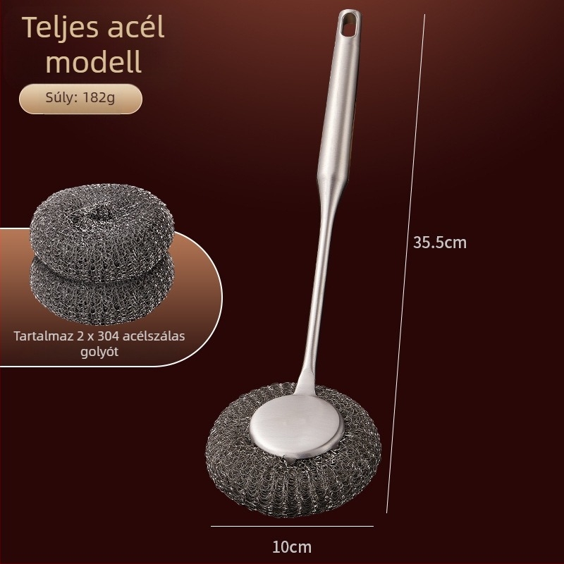 304 rozsdamentes acélból készült fazék ecset hosszú nyéllel – többfunkciós konyhai tisztító ecset acélhuzal golyóval