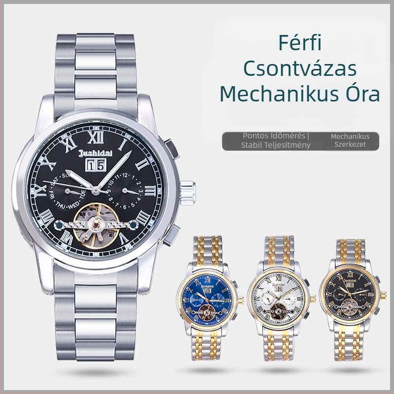 Jushidai automata csontváz mechanikus óra, retro stílusú, 30 m-ig vízálló, többfunkciós férfi karóra, 42 mm-es számlap, fémtok, valódi bőr szíj