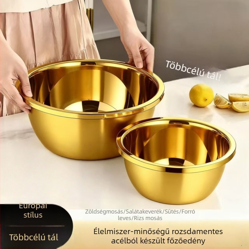 Aranyszínű rozsdamentes acél edény háztartási használatra, élelmiszer-minőségű, többfunkciós, vastag tekercselt élű mosóedény (18–32 cm)