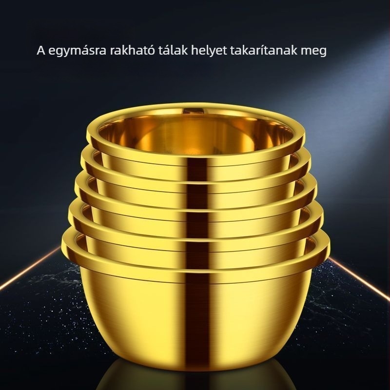 Aranyszínű rozsdamentes acél edény háztartási használatra, élelmiszer-minőségű, többfunkciós, vastag tekercselt élű mosóedény (18–32 cm)