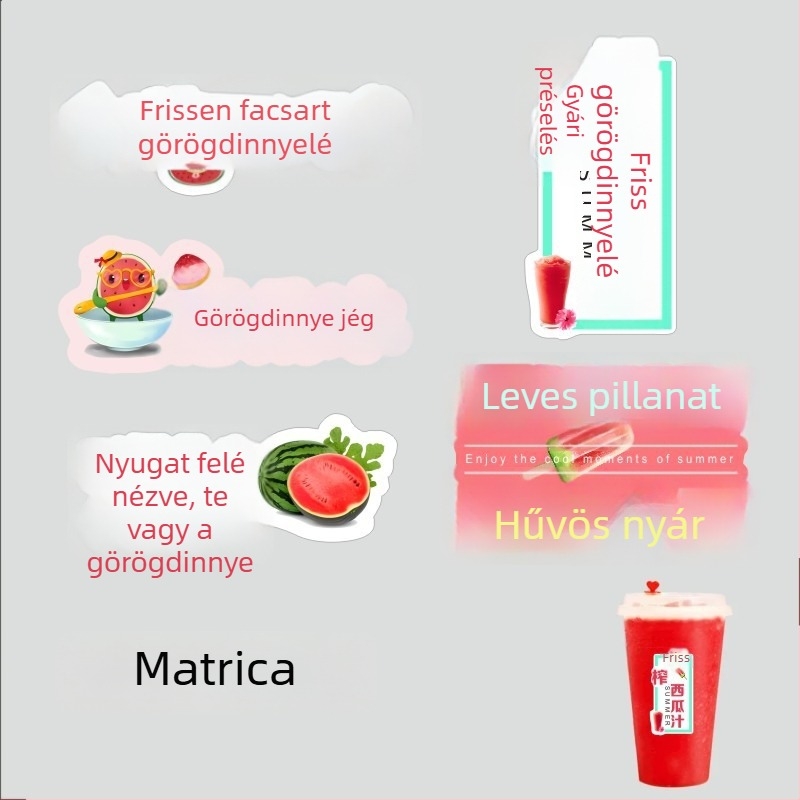 Frissen préselt görögdinnyelé címkék, öntapadós, bevont papírra, különböző méretek