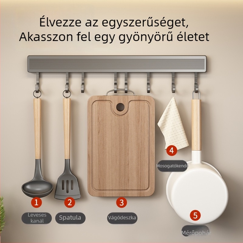 Fúrás nélküli, falra szerelhető konyhai eszköztartó, kanálok és spatulák tárolására