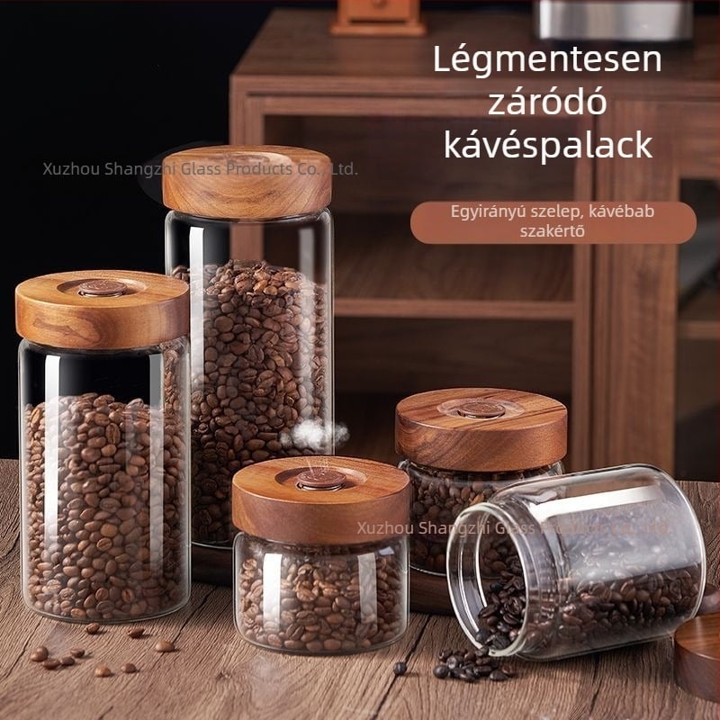Fa fedelű üvegtárolóedény egyirányú szeleppel, kávészemek, aszalt gyümölcsök, mandarinhéj és tea tárolására.