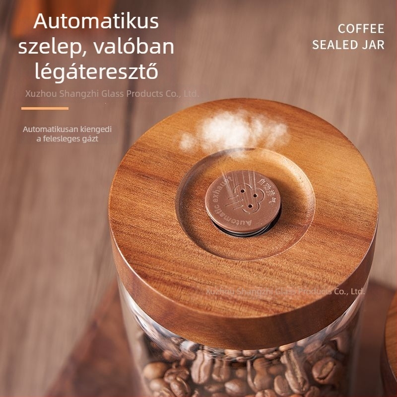 Fa fedelű üvegtárolóedény egyirányú szeleppel, kávészemek, aszalt gyümölcsök, mandarinhéj és tea tárolására.