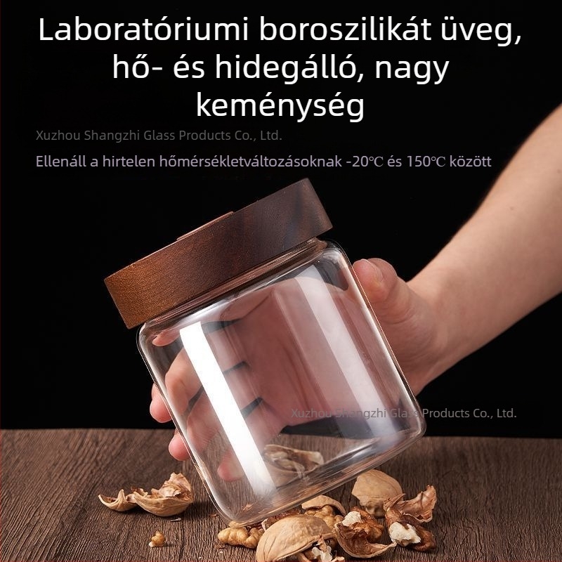 Fa fedelű üvegtárolóedény egyirányú szeleppel, kávészemek, aszalt gyümölcsök, mandarinhéj és tea tárolására.