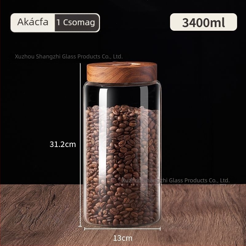 Fa fedelű üvegtárolóedény egyirányú szeleppel, kávészemek, aszalt gyümölcsök, mandarinhéj és tea tárolására.