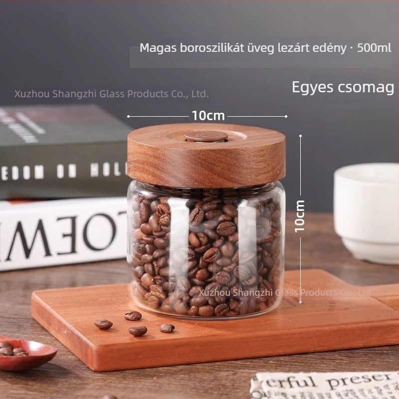 Fa fedelű üvegtárolóedény egyirányú szeleppel, kávészemek, aszalt gyümölcsök, mandarinhéj és tea tárolására.