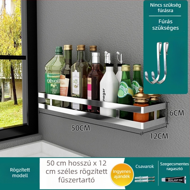 304 rozsdamentes acél forgó fűszertartó, falra szerelhető konyhai tároló, fúrás nélkül