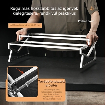 Rozsdamentes acélból készült teleszkópos polc adagonkénti tálak és fűszertartók számára; bővíthető, önkiszolgáló polc kereskedelmi használatra.