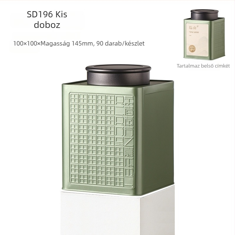 Nagy nedvességálló, zárható teásdoboz, négyszögletes ón-doboz zöld tea és fekete tea számára, üres