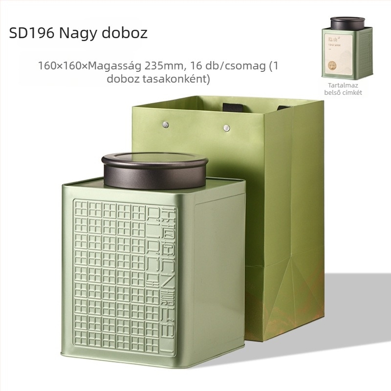 Nagy nedvességálló, zárható teásdoboz, négyszögletes ón-doboz zöld tea és fekete tea számára, üres