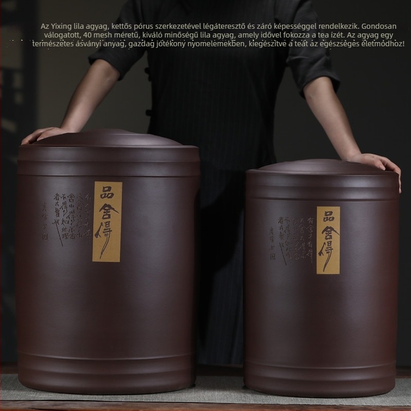 Yixing Zisha Pu'er teás tároló, nagy kapacitású, durva kerámia, zárófedéllel