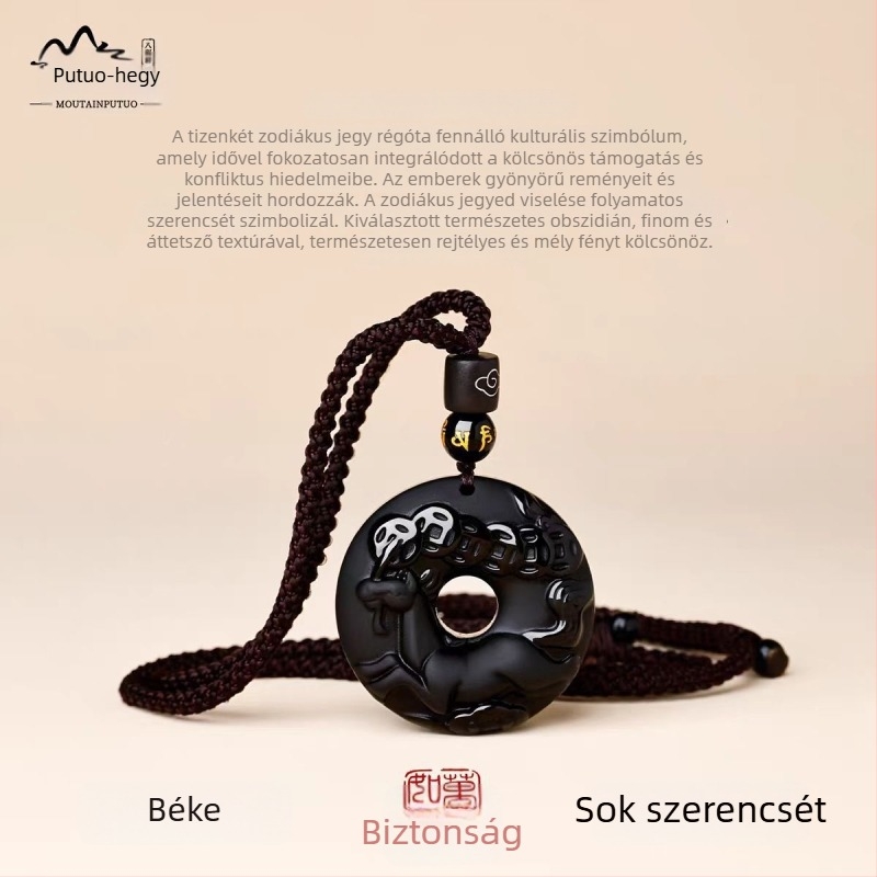 Putuo Mountain természetes obsidián medál, zodiákus jel, talizmán