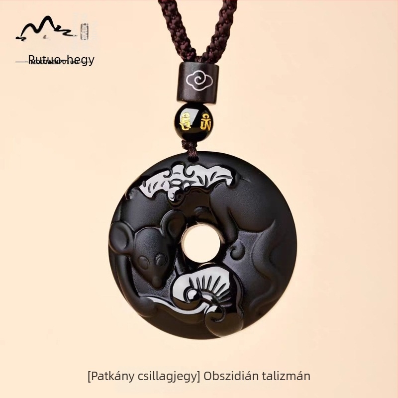 Putuo Mountain természetes obsidián medál, zodiákus jel, talizmán