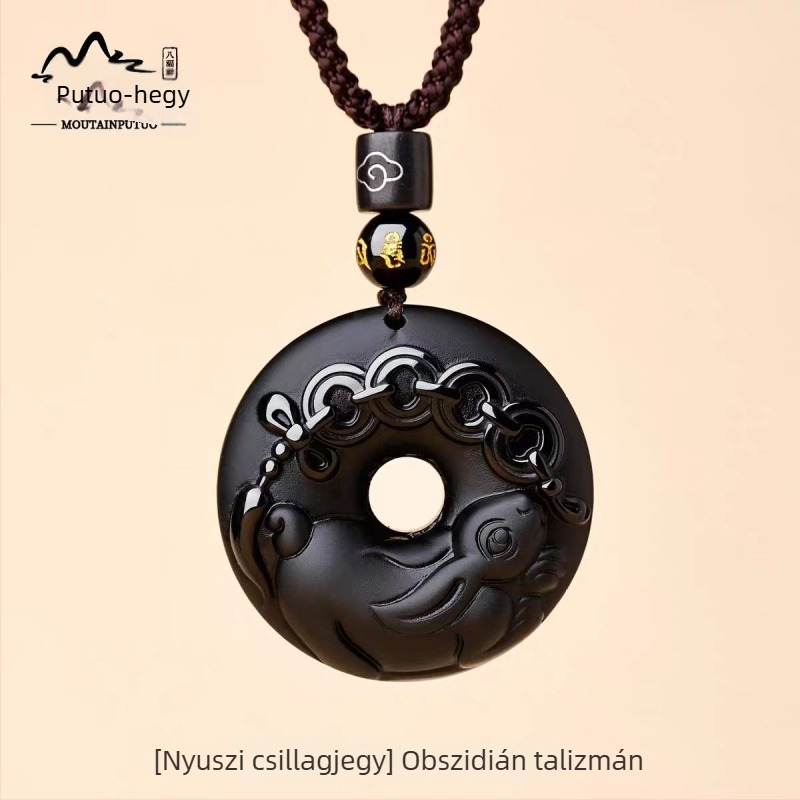 Putuo Mountain természetes obsidián medál, zodiákus jel, talizmán