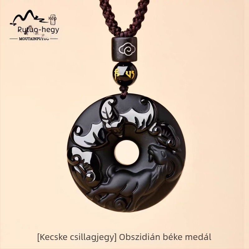 Putuo Mountain természetes obsidián medál, zodiákus jel, talizmán