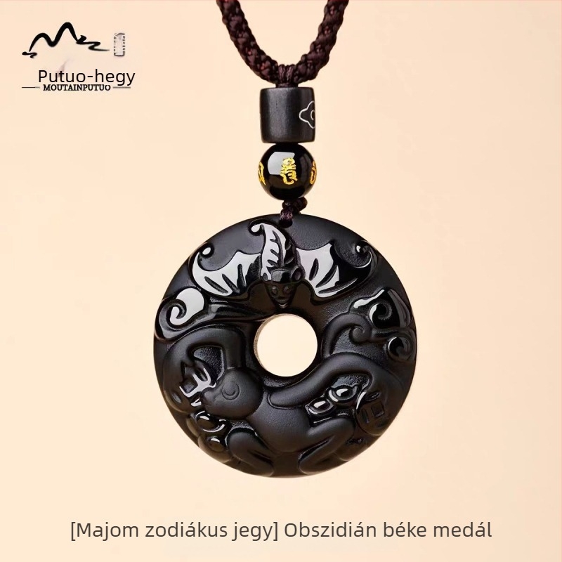 Putuo Mountain természetes obsidián medál, zodiákus jel, talizmán