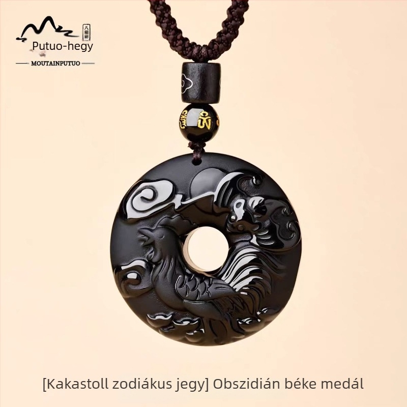 Putuo Mountain természetes obsidián medál, zodiákus jel, talizmán