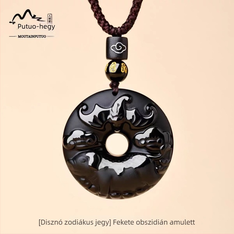 Putuo Mountain természetes obsidián medál, zodiákus jel, talizmán