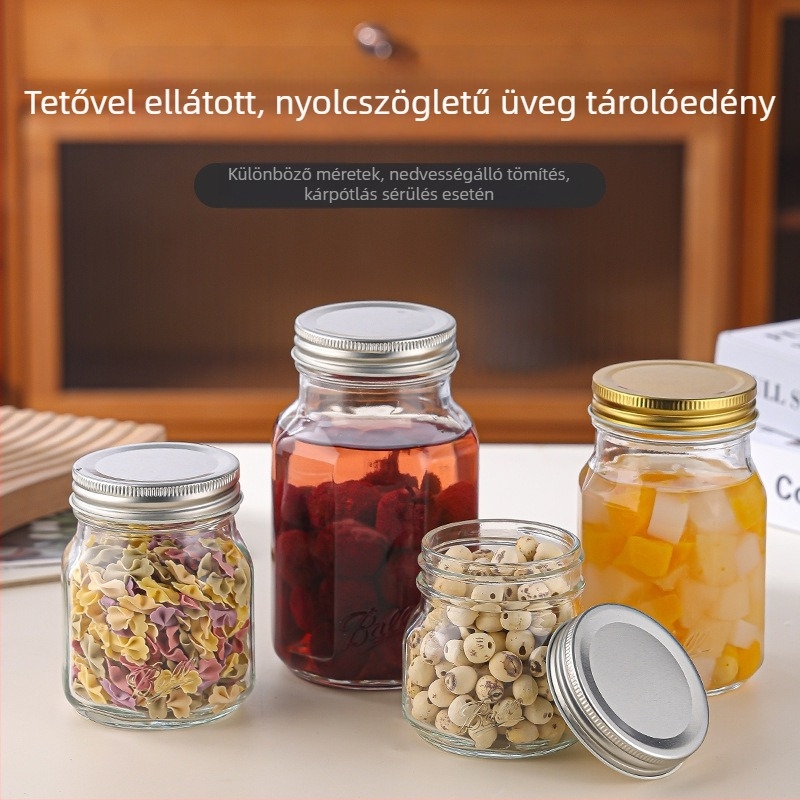 Zárt üveg tárolóedény, nyolcszögletű Mason üveg lekvárhoz, gyümölcsös befőzéshez és savanyúsághoz, 301–500 ml