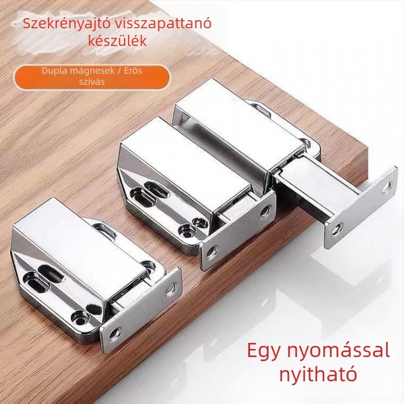Fogantyú nélküli mágneses szekrényajtó ütéscsillapító, cinköntvözetből, nyomógombos rugóval külső nyitású ajtókhoz