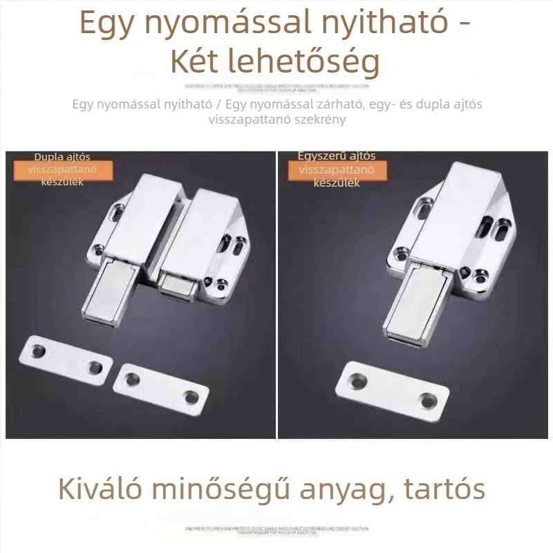 Fogantyú nélküli mágneses szekrényajtó ütéscsillapító, cinköntvözetből, nyomógombos rugóval külső nyitású ajtókhoz