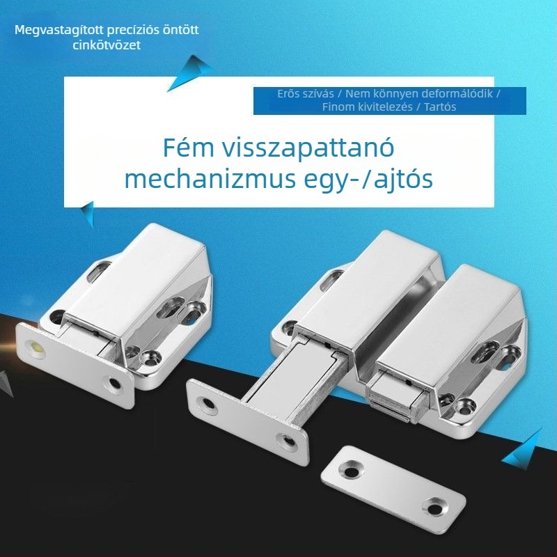 Fogantyú nélküli mágneses szekrényajtó ütéscsillapító, cinköntvözetből, nyomógombos rugóval külső nyitású ajtókhoz