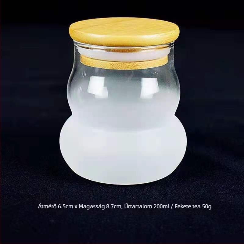Matt üvegű zárható edény bambusz fedéllel élelmiszer-tárolásra, mini teához és száraz termékekhez, szabálytalan alakú, 301–500 ml kapacitás