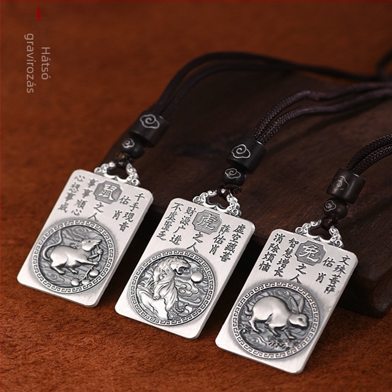 S999 tiszta ezüst zodiákus medál nyolc védőistennel, a születési év Buddhájának talizmánja, nyaklánc