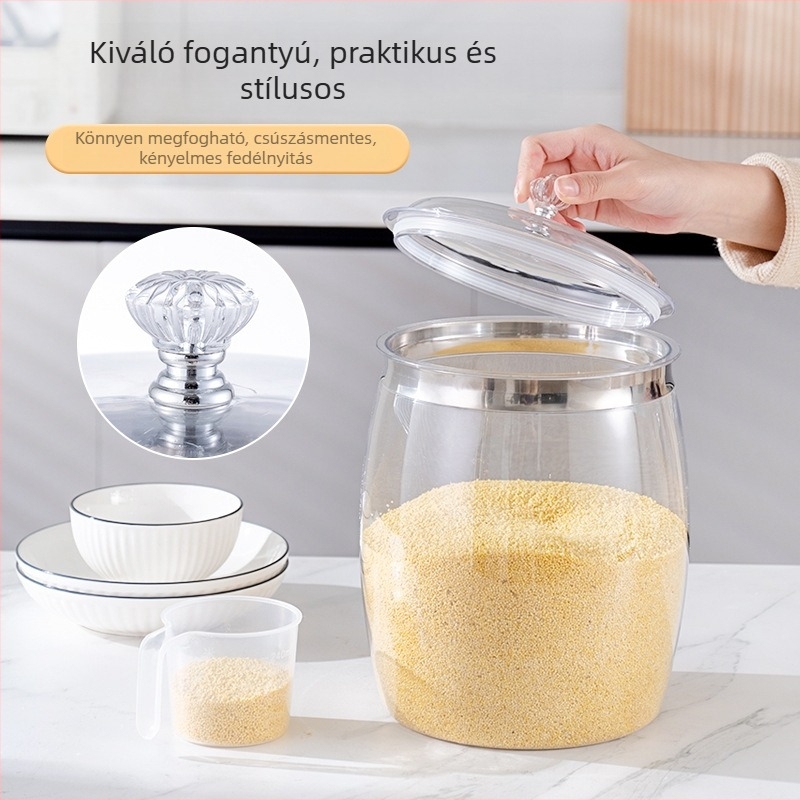 Műanyag tárolóedény tömítő fedéllel, nedvességálló, rizshez és savanyúsághoz, nagy kapacitású, átlátszó élelmiszer-minőségű tartó.