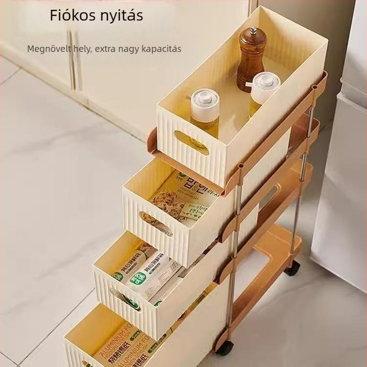 Íróasztal alatti krémszínű, négy szintes mozgó tároló, könyvespolc és asztali rendező