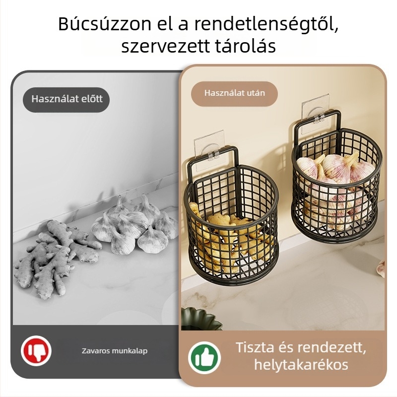Fali tároló hagyma, gyömbér és fokhagyma számára – fémből készült konyhai rendező