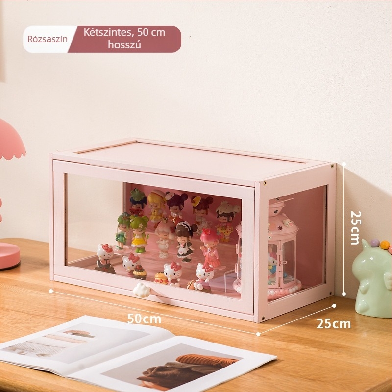 Babafigurák és blind-boxok tároló- és kiállító szekrénye, áttetsző akril, fa keret, porálló