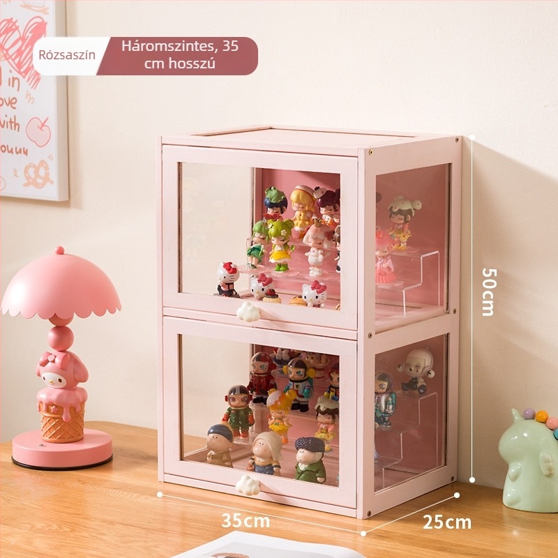 Babafigurák és blind-boxok tároló- és kiállító szekrénye, áttetsző akril, fa keret, porálló