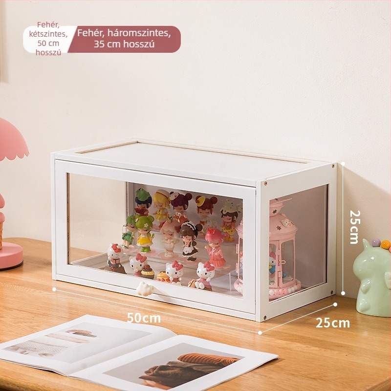 Babafigurák és blind-boxok tároló- és kiállító szekrénye, áttetsző akril, fa keret, porálló