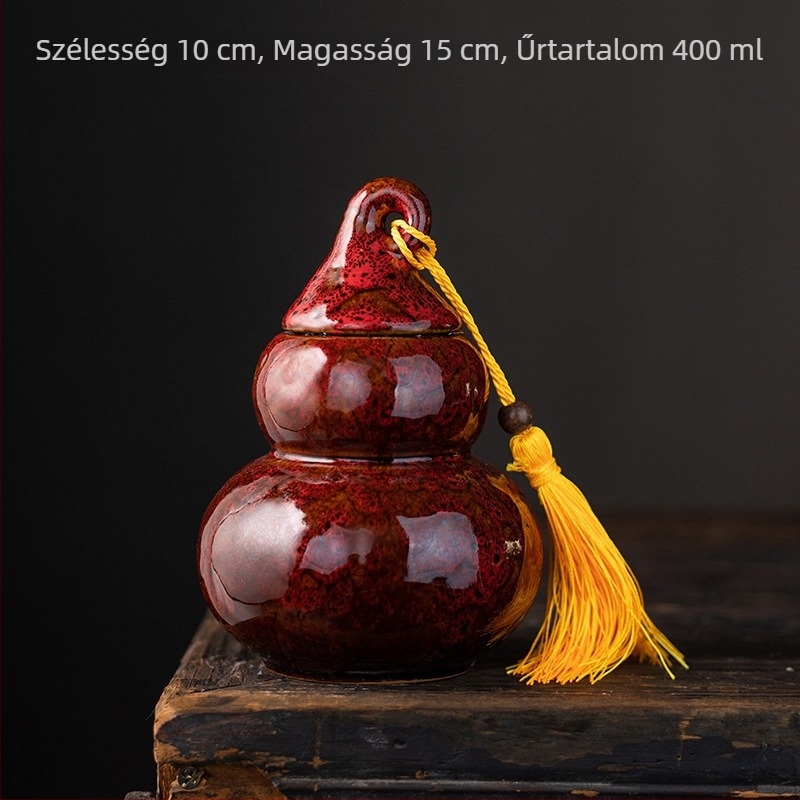 Nagy kerámia tök alakú teásüveg, kemencés mázzal, hordozható, dekoratív zárható tároló logóval